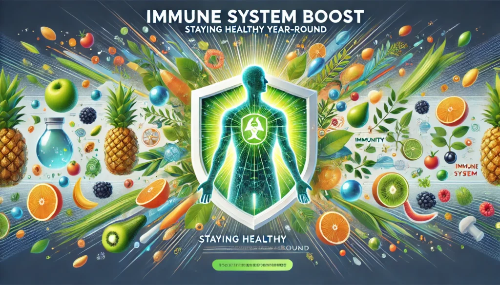 DALL·E 2025-03-27 21.02.43 - A banner image featuring the theme 'Immune System Boost_ Staying Healthy Year-Round.' The design includes vibrant visuals of fruits, vegetables, and v - Times of Dubai Immune system boost staying healthy year round times of dubai