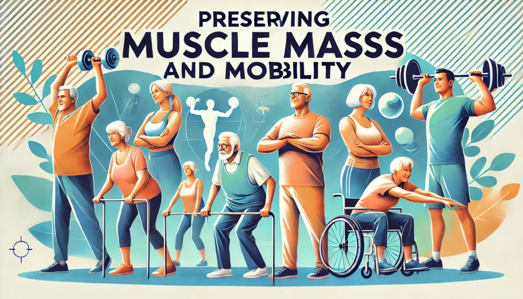 DALL·E 2025 03 27 20.38.42 A banner image on the theme Preserving Muscle Mass and Mobility. The design features active seniors exercising performing resistance training and Times of Dubai