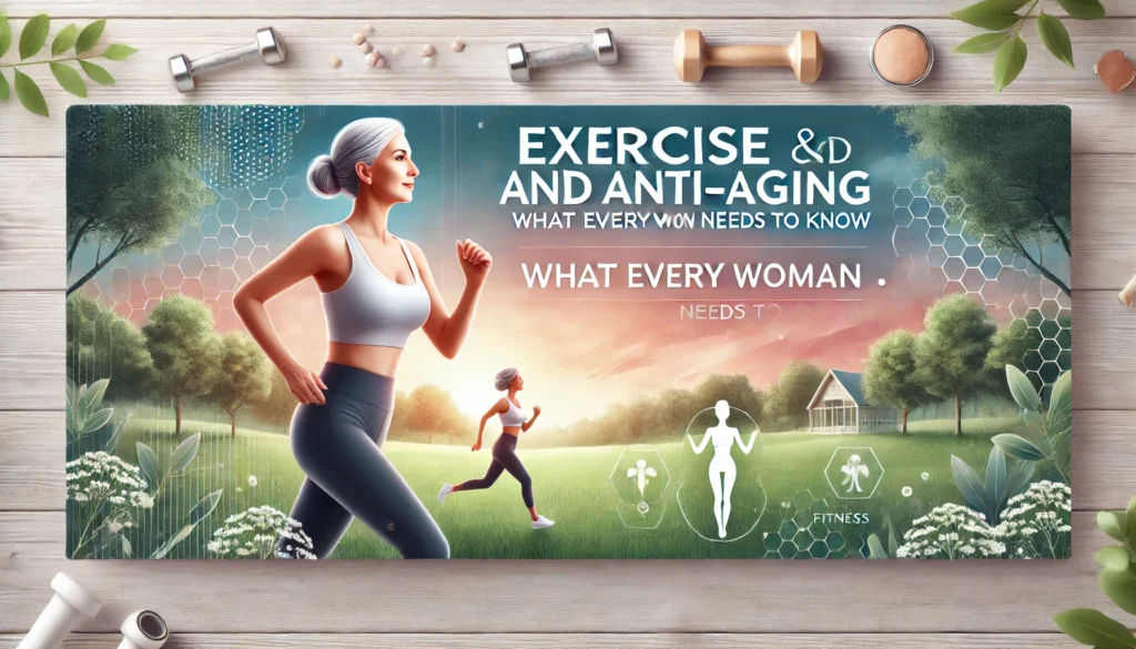 DALL·E 2025 03 27 21.57.36 A banner image featuring the theme Exercise and Anti Aging What Every Woman Needs to Know. The design includes an active middle aged woman jogging