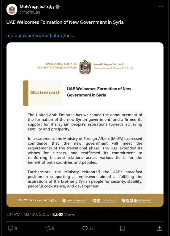 UAE Welcomes Formation of New Syrian Government
