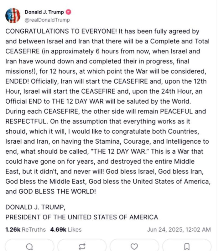 Trump Announces Israel-Iran Ceasefire: 12-Day War Ends as Peace Takes Hold 2 image 2 Times of Dubai