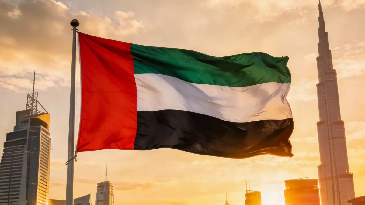 The United Arab Emirates flag waving against a Dubai skyline at sunset, with the Burj Khalifa visible in the background.