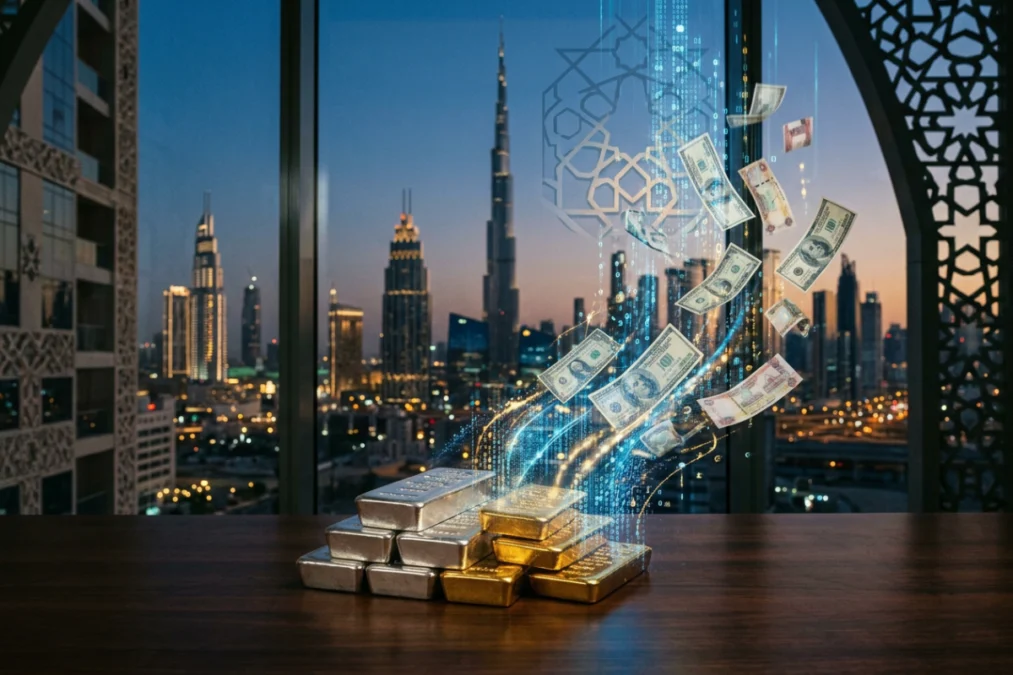 EISCDI - Times of Dubai Emirates islamic ei+ mobile banking app showing shariah compliant digital gold and silver investment options with certified physical bars