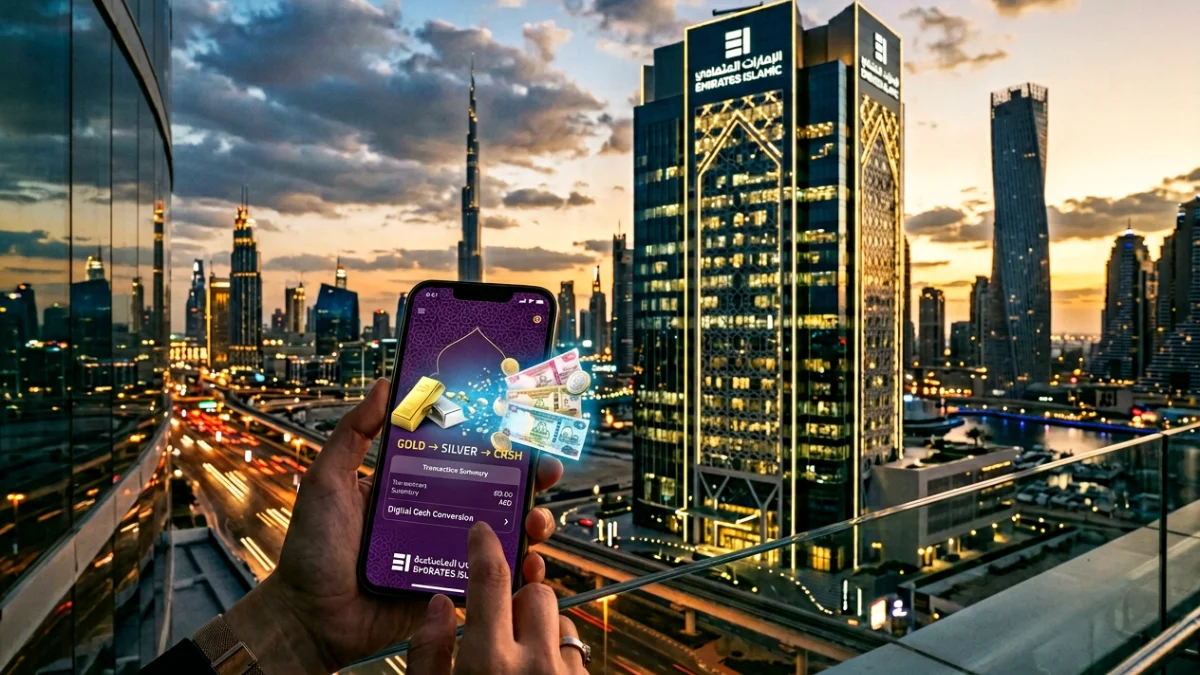 Emirates islamic ei+ mobile banking app showing shariah compliant digital gold and silver investment options with certified physical bars times of dubai