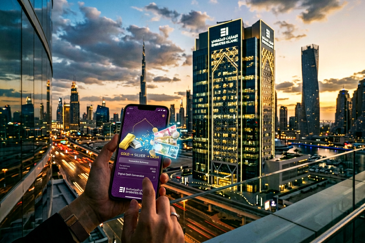 Emirates islamic ei+ mobile banking app showing shariah compliant digital gold and silver investment options with certified physical bars times of dubai