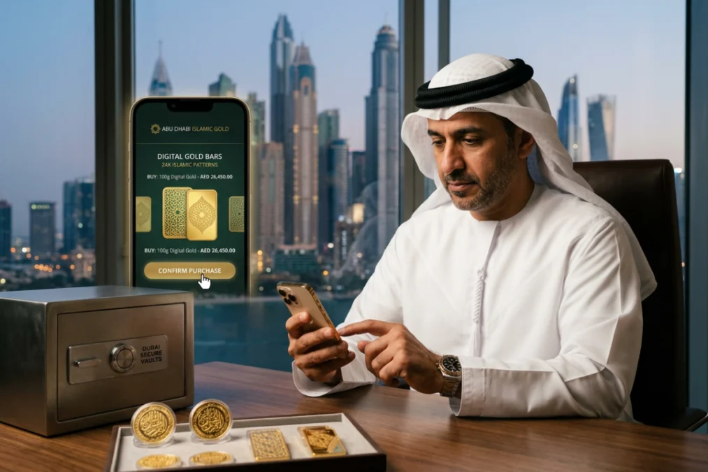 EISCDI-_4_ - Times of Dubai Emirates islamic ei+ mobile banking app showing shariah compliant digital gold and silver investment options with certified physical bars