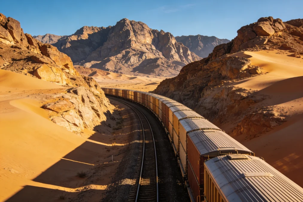 Freight train on a rail line through arid mountains under a clear blue sky