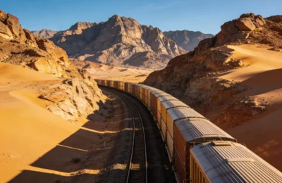 A long freight train curves through a sandy desert canyon with rocky orange hills under a clear blue sky.