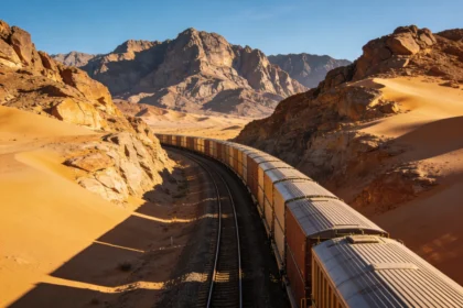 A long freight train curves through a sandy desert canyon with rocky orange hills under a clear blue sky.