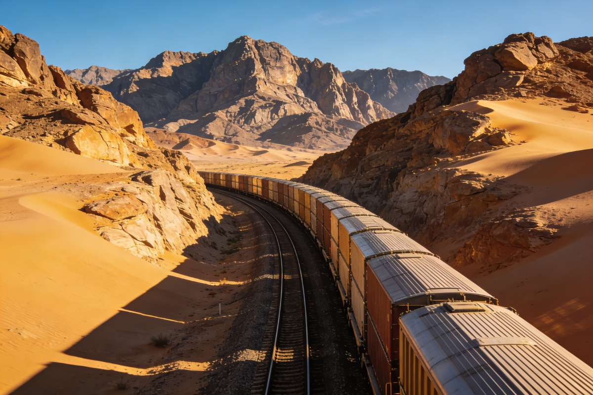 A long freight train curves through a sandy desert canyon with rocky orange hills under a clear blue sky.