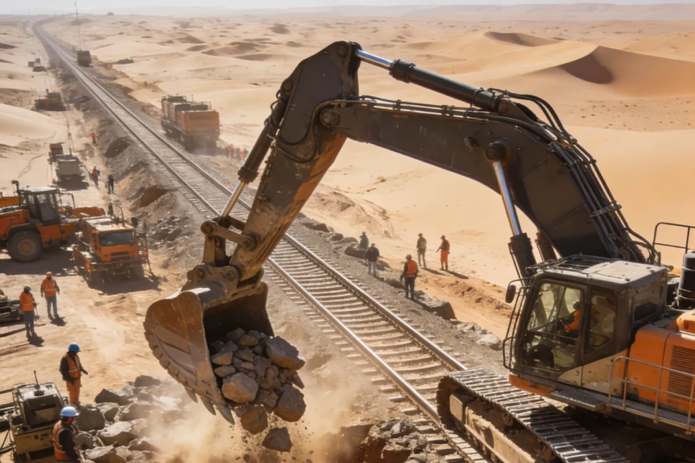 Hafeet Rail - Excavator dumps rocks beside new rail track as workers and trucks build a line through sand dunes under a clear sky