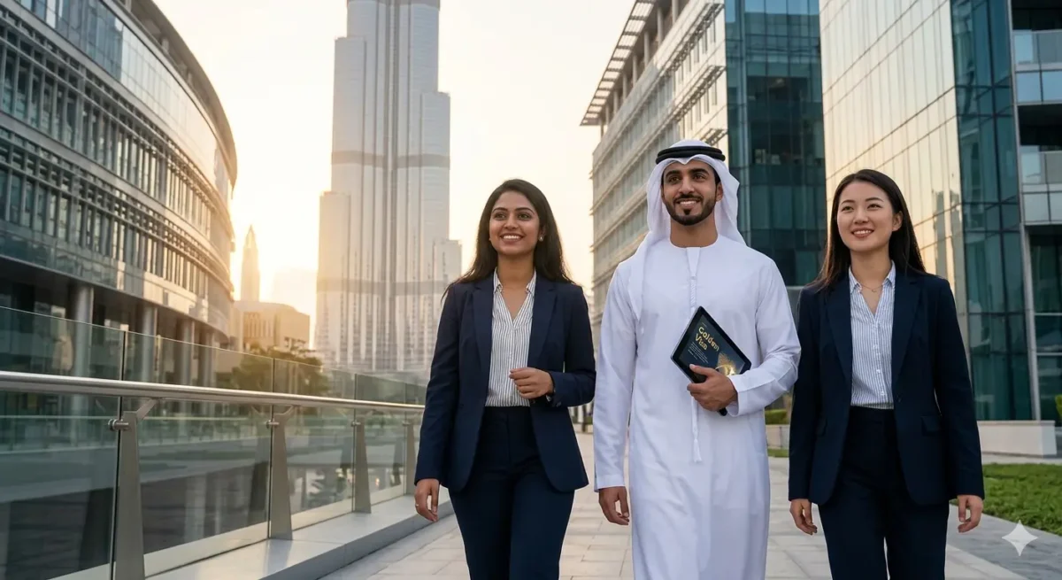 A smiling professional man in a high rise dubai office with the burj khalifa and sunset skyline visible through large windows Times of dubai
