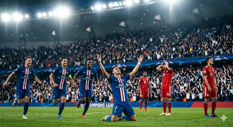 PSG vs Bayern Champions League semi final players celebrating goal Allianz Arena