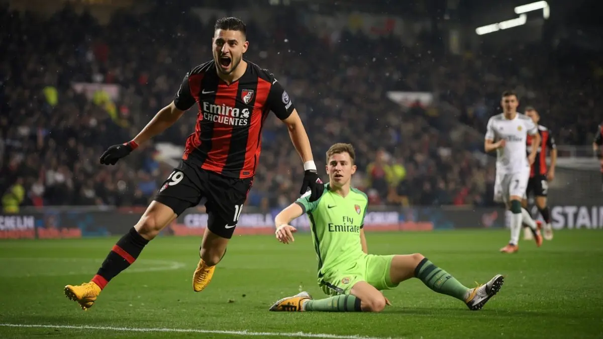 `man city vs bournemouth   eli junior kroupi celebrates scoring past gianluigi donnarumma in 1 1 premier league draw at vitality stadium may 2026` times of dubai