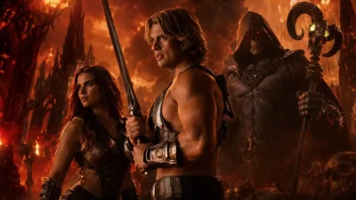 Masters of the universe fantasy feature image showing he man with a sword a female warrior and a dark skull faced villain in a fiery battlefield Times of dubai