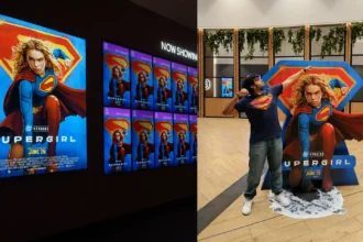 A fan posing like a superhero beside a supergirl movie standee with supergirl cinema posters and promotional screens in the background Times of dubai