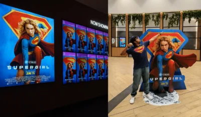 A fan posing like a superhero beside a supergirl movie standee with supergirl cinema posters and promotional screens in the background Times of dubai