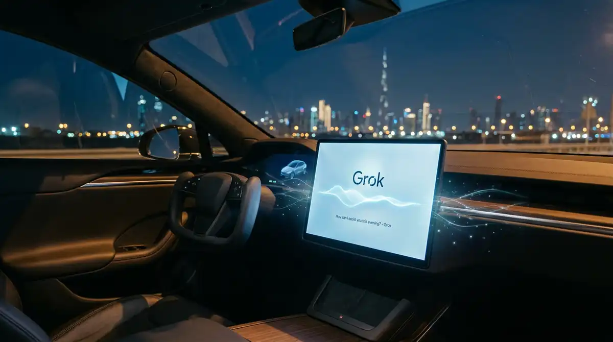 Grok Inside Car Illustration - Times of Dubai Tesla grok ai companion interior hands free navigation voice control uae 2026 times of dubai