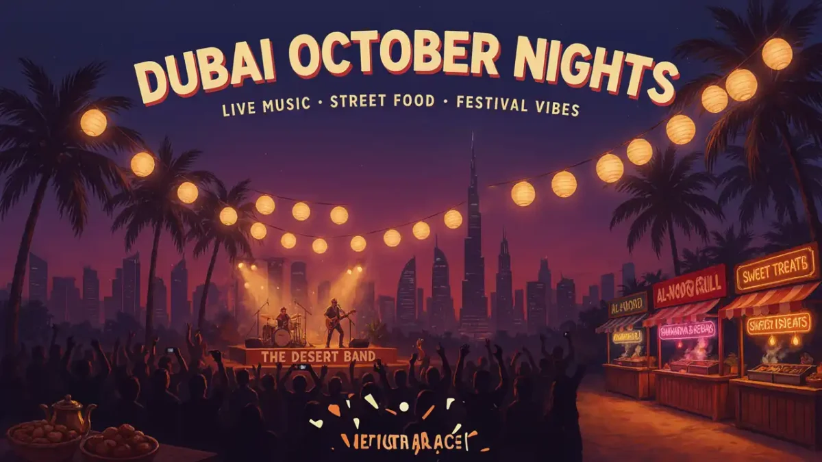 Illustration of friends playing dandiya in front of the dubai skyline with the text 10 things to do in dubai this october times of dubai