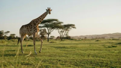 Giraffe walking through a natural looking habitat at dubai safari park times of dubai