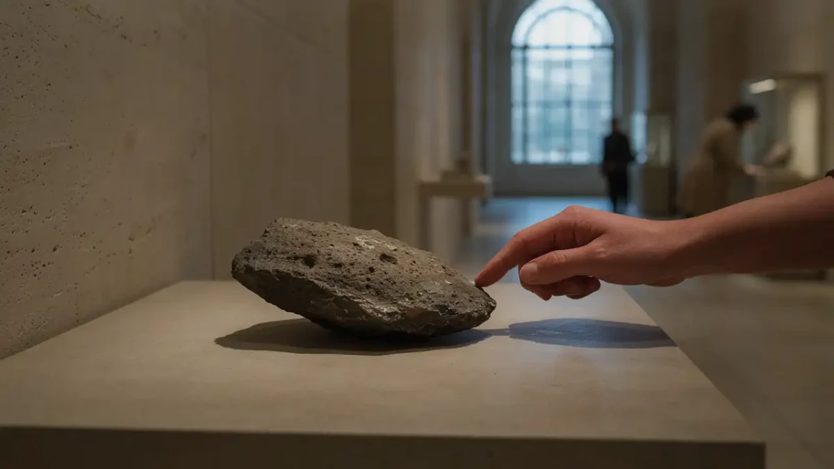 A visitor touching a lunar meteorite at the natural history museum abu dhabi on saadiyat island Times of dubai