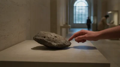 A visitor touching a lunar meteorite at the natural history museum abu dhabi on saadiyat island Times of dubai