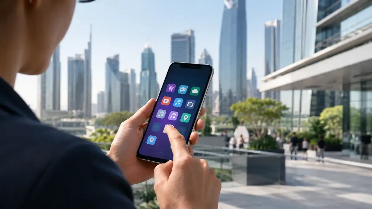 Smartphone Tap Over Modern Cityscape - Times of Dubai Person using a smartphone with generic digital service icons illustrating competition between online platforms and technology businesses Times of dubai