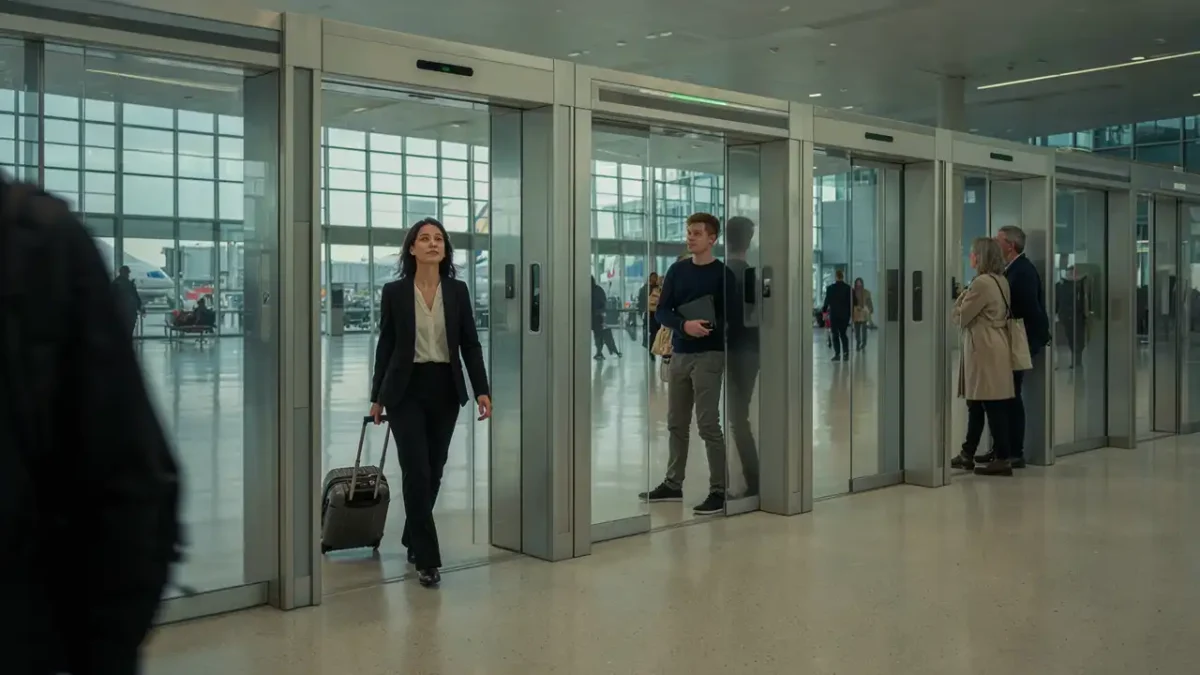Passengers walking through automated biometric clearance gates in a modern airport illustrating dubais ai powered travel corridor Times of dubai