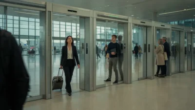 Passengers walking through automated biometric clearance gates in a modern airport illustrating dubais ai powered travel corridor Times of dubai