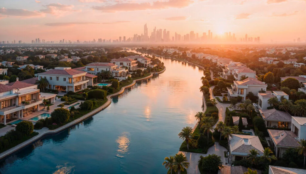 aerial-view-luxury-villas-by-river-sunset - Times of Dubai Dh1 7bn invested in dubai housing support for emirati families in h1 2025 times of dubai