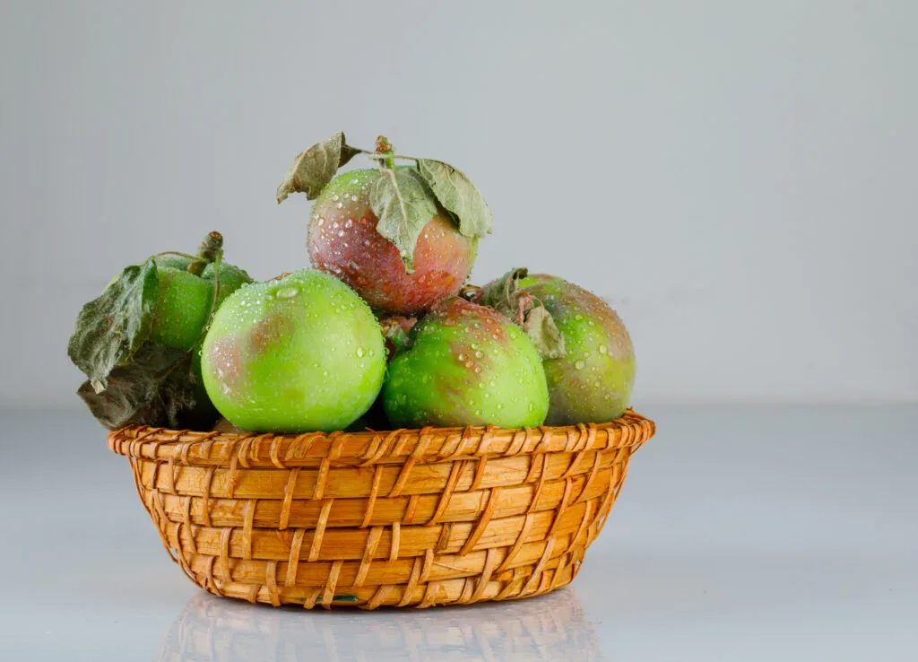 Apples in a wicker basket with leaves side view on a white gradient background - Times of Dubai Indian garhwali apples in dubai a mountain delight reaches royal tables times of dubai