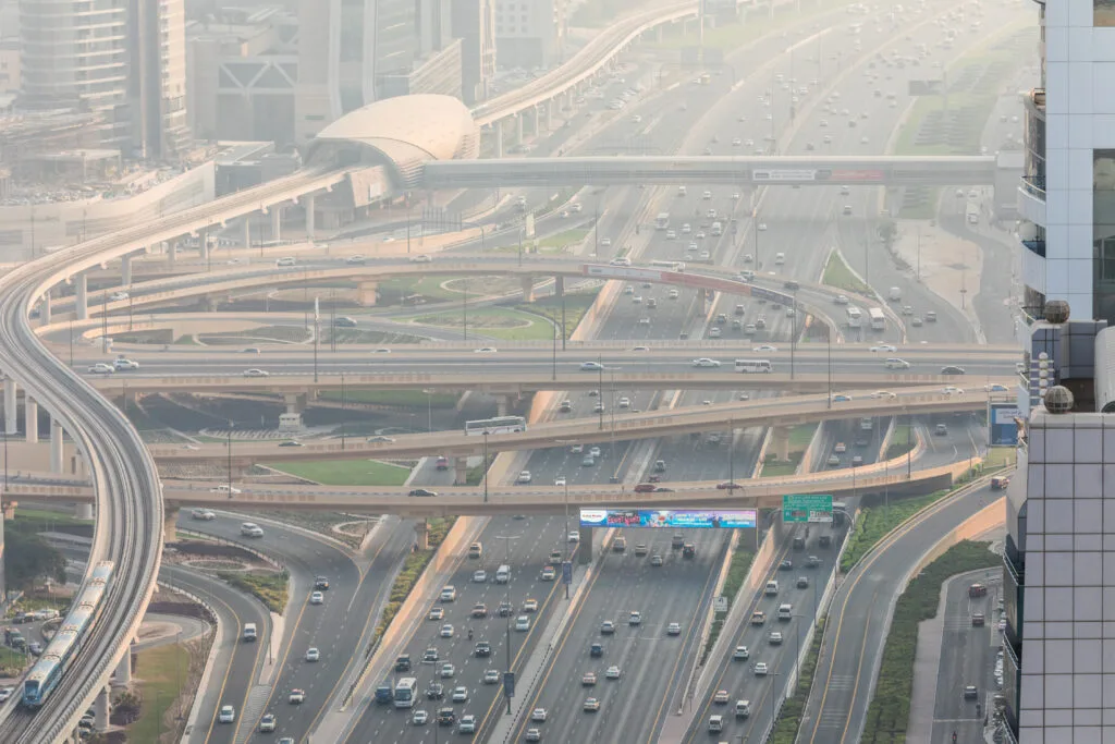 Dubai, UAE - October, 2018. Top view of numerous cars in a traffic in Dubai, United Arab Emirates - Times of Dubai Uae accident free day encourages safe driving on school return times of dubai