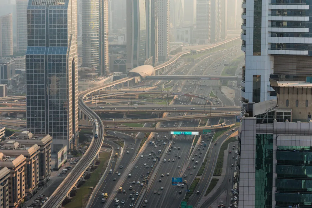 Dubai, UAE - October, 2018. Top view of numerous cars in a traffic in Dubai, United Arab Emirates - Times of Dubai Jeddah and medina awarded who healthy cities in uae times of dubai